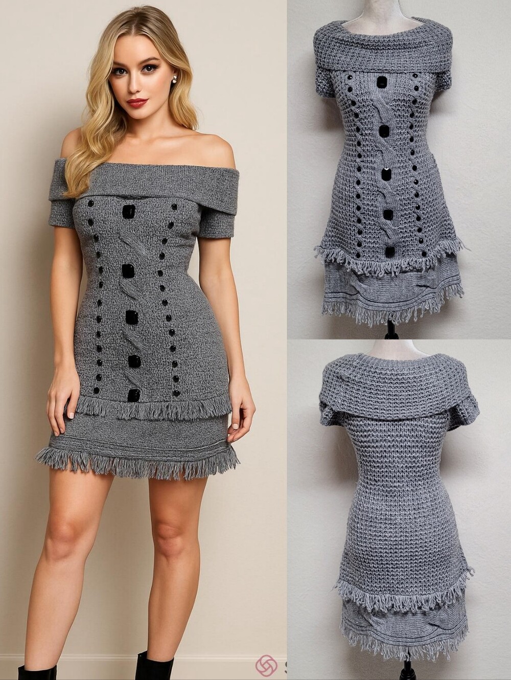 Vintage Janet Paris Gray Multi-knit Black Bead Off-Shoulder Fringe Mini Dress S